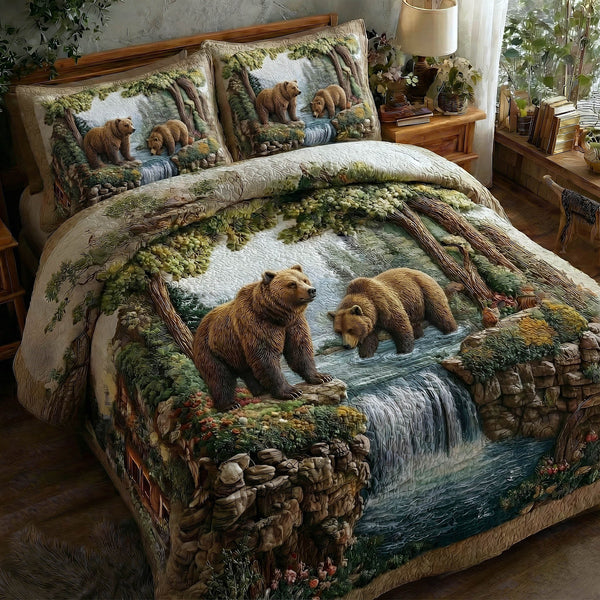 Bear Couple quilted 3-piece bedding set on a made bed with two matching pillow shams