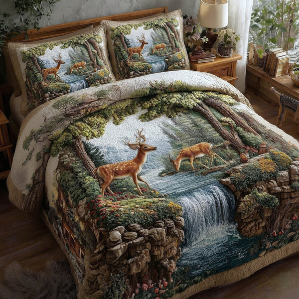 Deer Couple quilted 3-piece bedding set on a made bed with two matching pillow shams