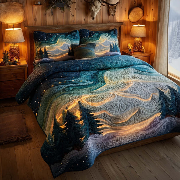 Aurora Dream quilted 3-piece bedding set on a made bed with two matching pillow shams