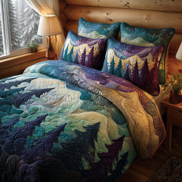 Celestial Lights quilted 3-piece bedding set on a made bed with two matching pillow shams
