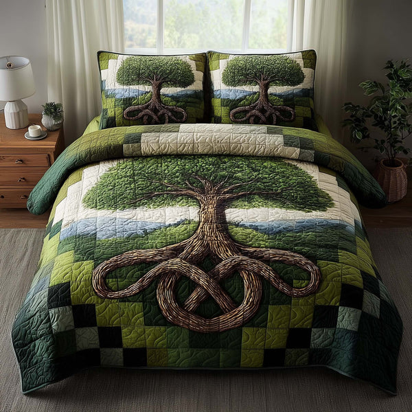 Celestial Tree quilted 3-piece bedding set on a made bed with two matching pillow shams