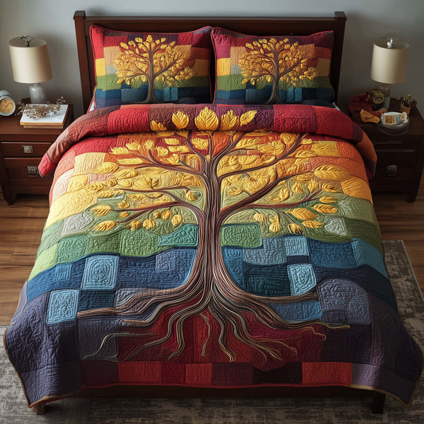 Celestial Tree quilted 3-piece bedding set on a made bed with two matching pillow shams
