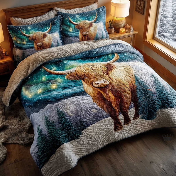 Celestial Lights quilted 3-piece bedding set on a made bed with two matching pillow shams