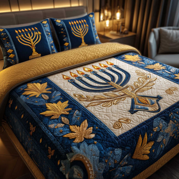 David Emblem quilted 3-piece bedding set on a made bed with two matching pillow shams