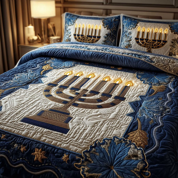 David Emblem quilted 3-piece bedding set on a made bed with two matching pillow shams