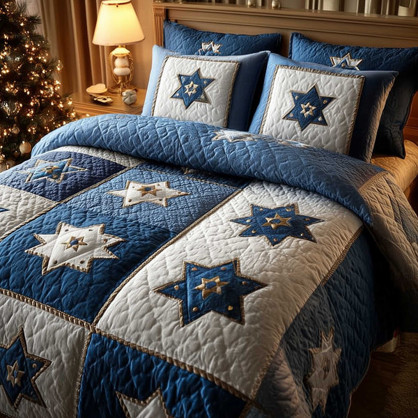 David Emblem quilted 3-piece bedding set on a made bed with two matching pillow shams
