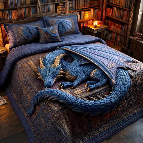 Bookbound Dragon quilted 3-piece bedding set on a made bed with two matching pillow shams