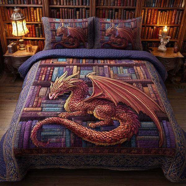 Bookbound Dragon quilted 3-piece bedding set on a made bed with two matching pillow shams