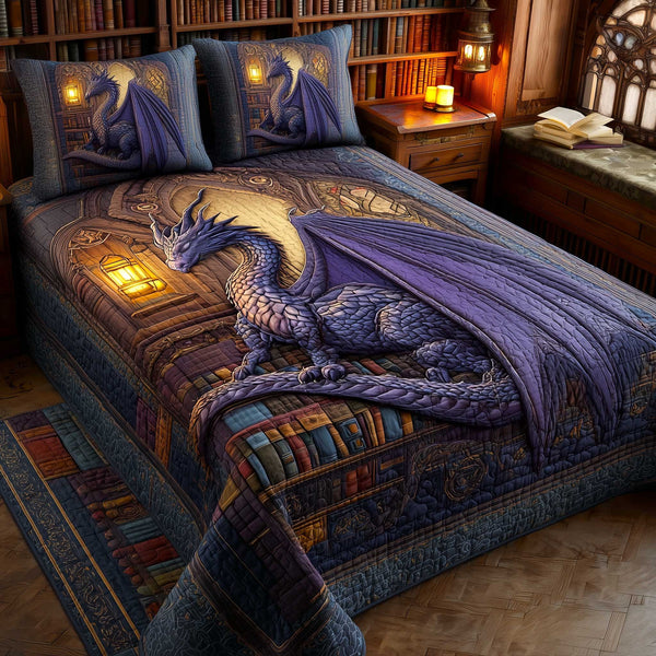 Bookbound Dragon quilted 3-piece bedding set on a made bed with two matching pillow shams
