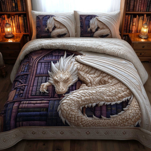 Bookbound Dragon quilted 3-piece bedding set on a made bed with two matching pillow shams