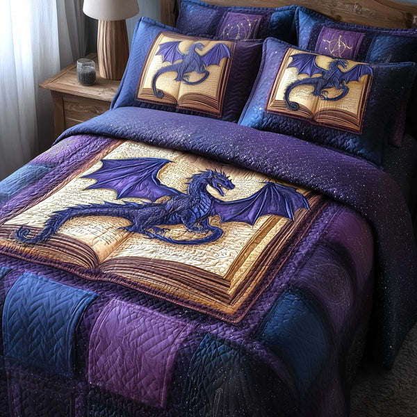 Bookbound Dragon quilted 3-piece bedding set on a made bed with two matching pillow shams