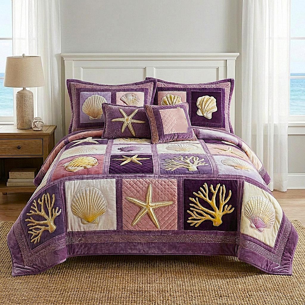 Coastal Whisper 3-Piece Quilted Bedding Set - Design 7 — quilt and two matching pillow shams