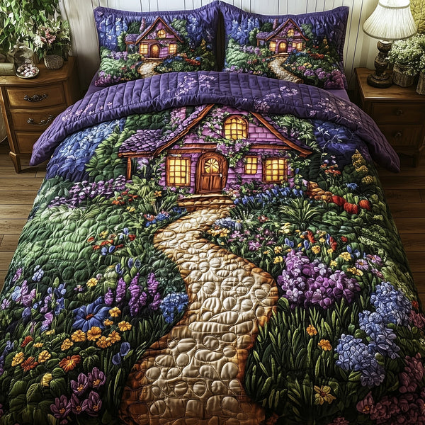 Fairytale Cottage quilted 3-piece bedding set on a made bed in a farmhouse bedroom