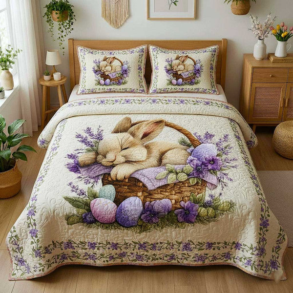 Easter Joy quilted 3-piece bedding set on a made bed with two matching pillow shams