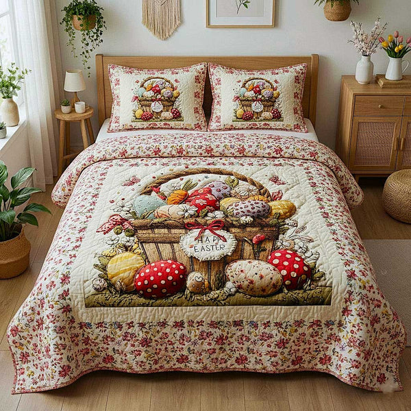 Egg Hunt quilted 3-piece bedding set on a made bed with two matching pillow shams