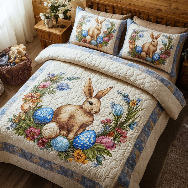 Cottage Bunny 3-Piece Quilted Bedding Set - Design 1 — quilt and two matching pillow shams