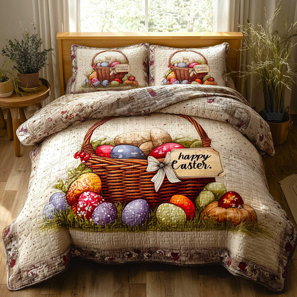 Egg Garden quilted 3-piece bedding set on a made bed with two matching pillow shams