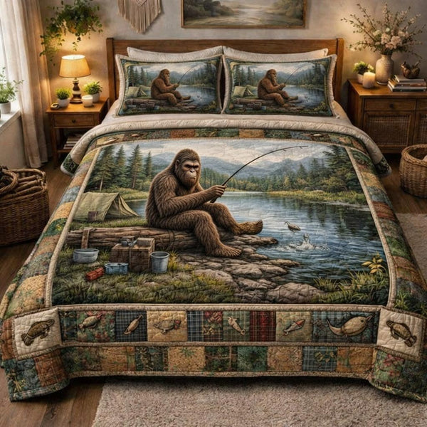 Camp Bigfoot quilted 3-piece bedding set on a made bed with two matching pillow shams
