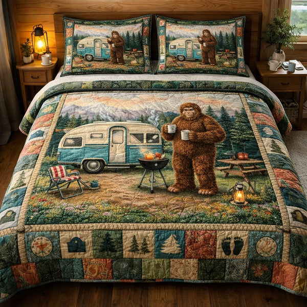 Bigfoot Trails quilted 3-piece bedding set on a made bed with two matching pillow shams