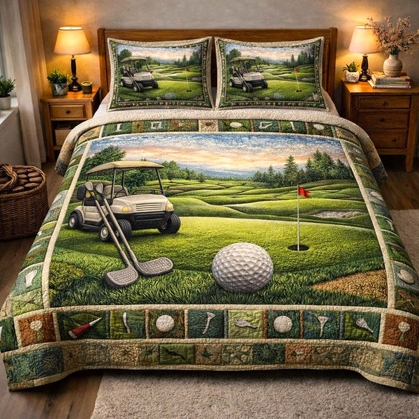 Fairway Golf quilted 3-piece bedding set on a made bed with two matching pillow shams