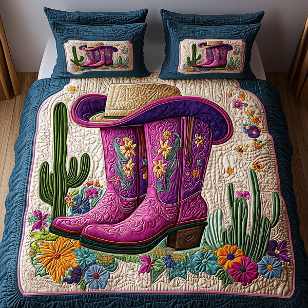 Cactus Cowboy Boot quilted 3-piece bedding set on a made bed in a rustic timber bedroom