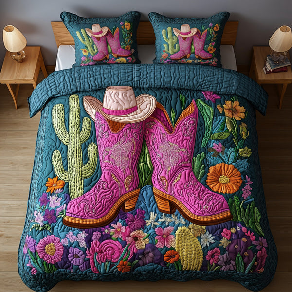 Cactus Cowboy Boot quilted 3-piece bedding set on a made bed in a rustic timber bedroom