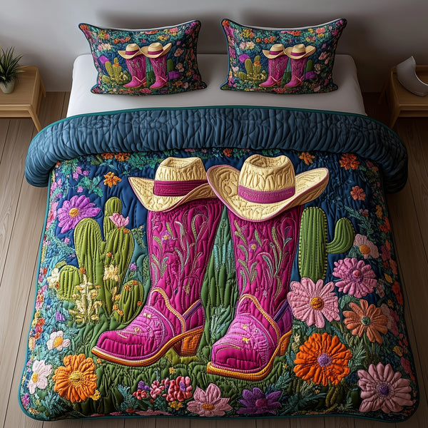 Cactus Cowboy Boot quilted 3-piece bedding set on a made bed in a rustic timber bedroom