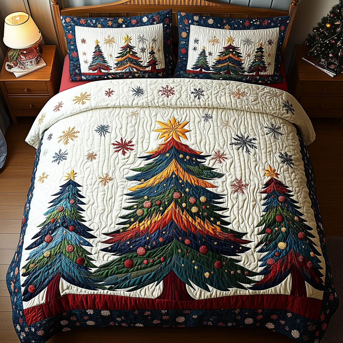 Festive Christmas Tree 3-Piece Quilted Bedding Set — quilt and two matching pillow shams