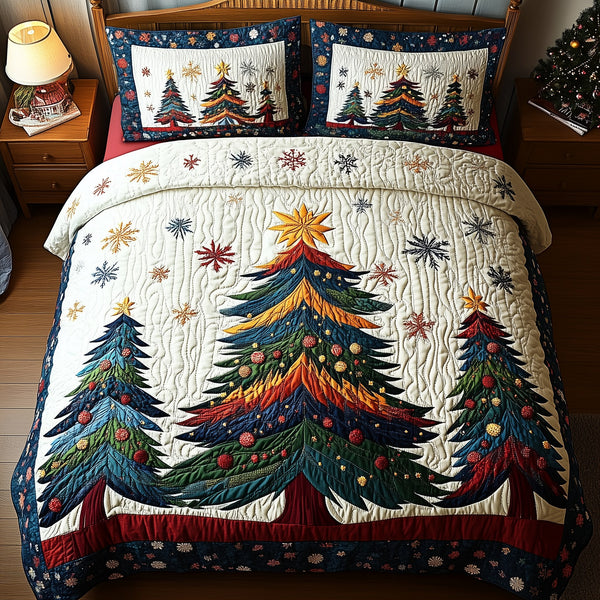Festive Christmas Tree 3-Piece Quilted Bedding Set — quilt and two matching pillow shams