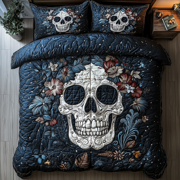 Cyan Vintage Skull 3-Piece Quilted Bedding Set - Design 1 — quilt and two matching pillow shams