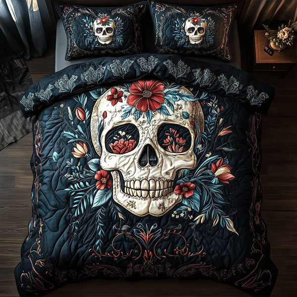 Cyan Vintage Skull 3-Piece Quilted Bedding Set - Design 3 — quilt and two matching pillow shams
