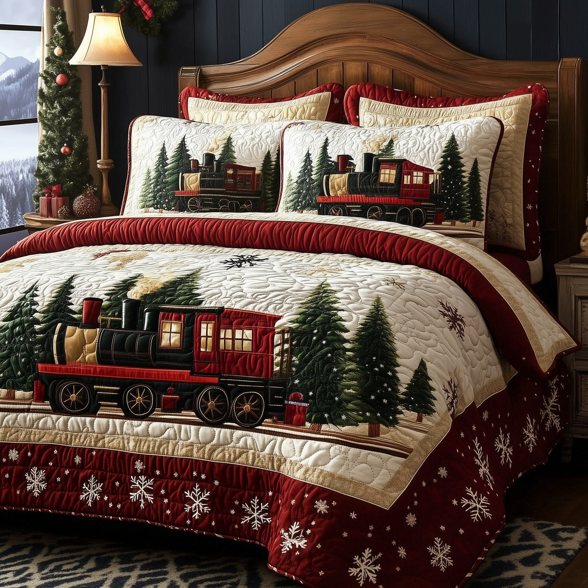 Christmas Train 3-Piece Quilted Bedding Set - Design 1 — quilt and two matching pillow shams