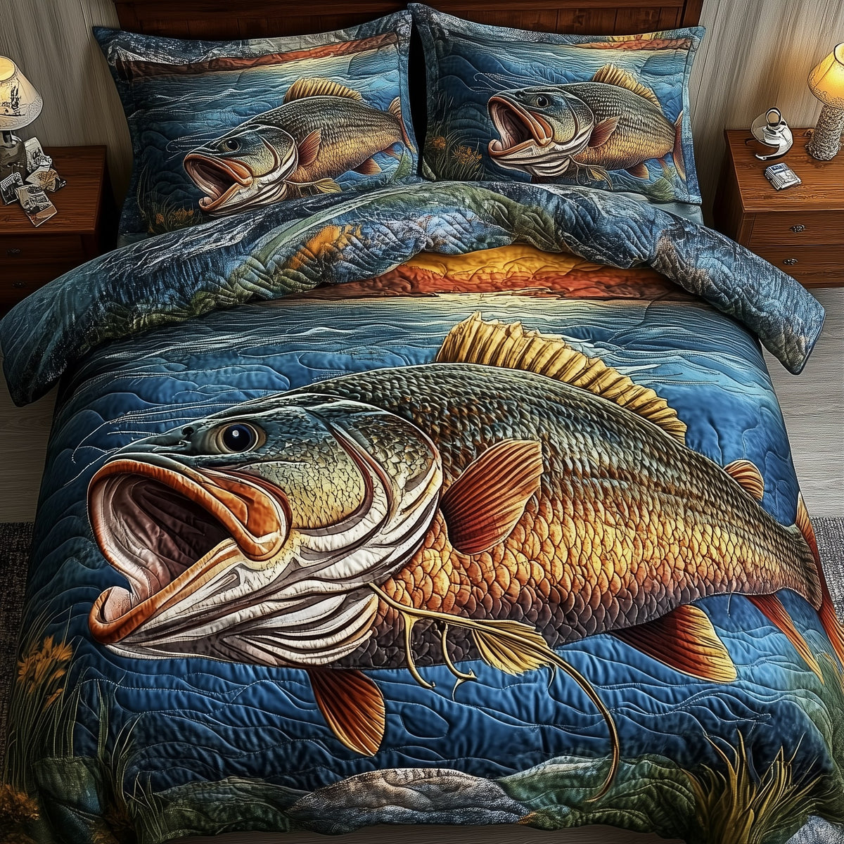 Fishing Life 3-Piece Quilted Bedding Set - Design 3 — quilt and two matching pillow shams