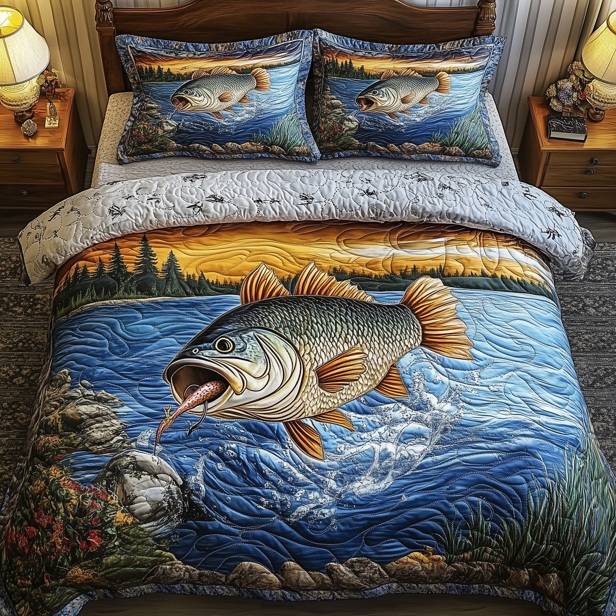 Fishing Life 3-Piece Quilted Bedding Set - Design 24 — quilt and two matching pillow shams
