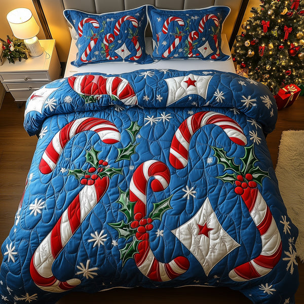 Cheerful Candy Cane quilted 3-piece bedding set on a made bed with two matching pillow shams