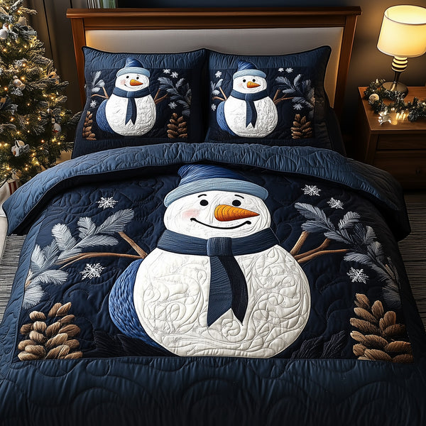 Cheerful Snowman quilted 3-piece bedding set on a made bed in a winter-styled bedroom