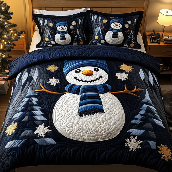 Cheerful Snowman quilted 3-piece bedding set on a made bed in a winter-styled bedroom