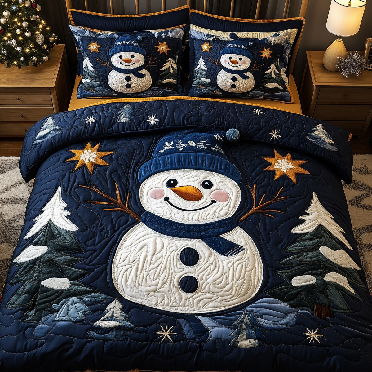 Cheerful Snowman 3-Piece Quilted Bedding Set - Design 5 — quilt and two matching pillow shams