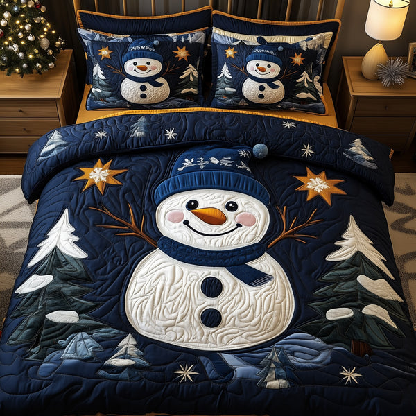 Cheerful Snowman quilted 3-piece bedding set on a made bed in a winter-styled bedroom