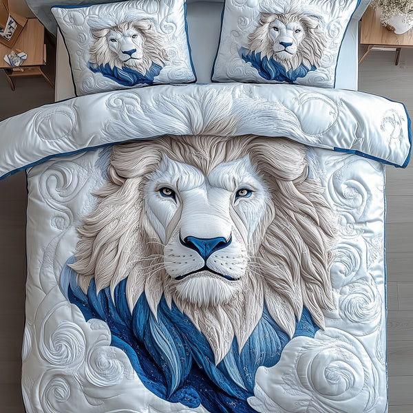 Blue Swirl Lion King quilted 3-piece bedding set on a made bed with two matching pillow shams