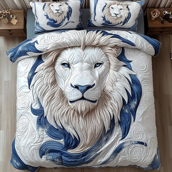 Blue Swirl Lion King quilted 3-piece bedding set on a made bed with two matching pillow shams