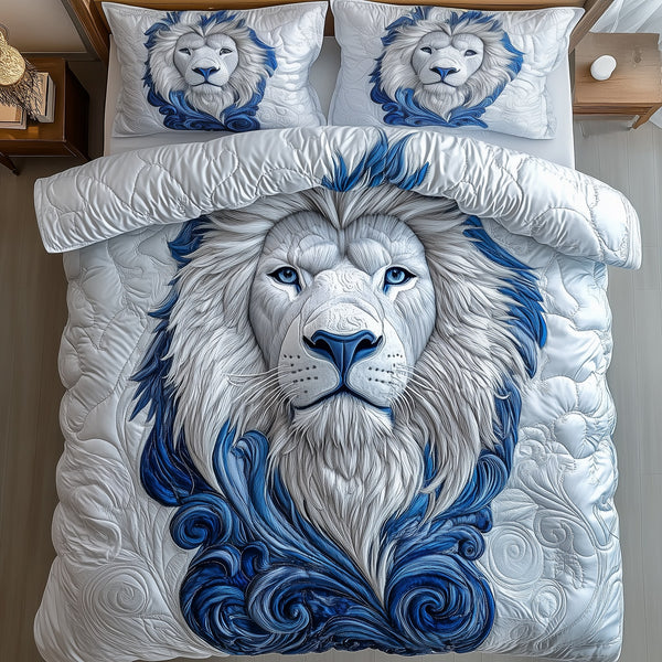 Blue Swirl Lion King quilted 3-piece bedding set on a made bed with two matching pillow shams