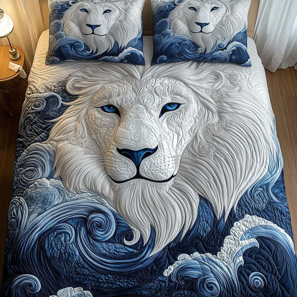 Blue Swirl Lion King quilted 3-piece bedding set on a made bed with two matching pillow shams