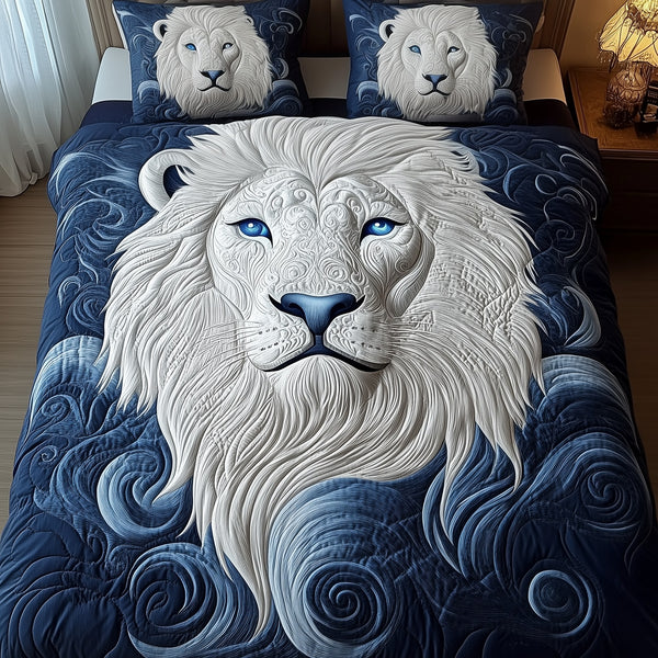 Blue Swirl Lion King quilted 3-piece bedding set on a made bed with two matching pillow shams