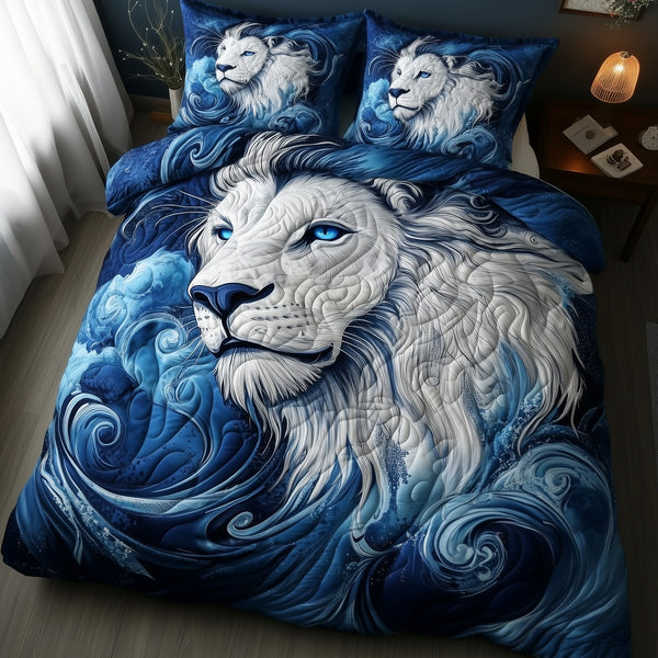 Blue Swirl Lion King quilted 3-piece bedding set on a made bed with two matching pillow shams