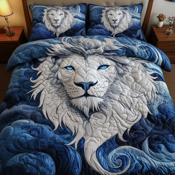 Blue Swirl Lion King quilted 3-piece bedding set on a made bed with two matching pillow shams