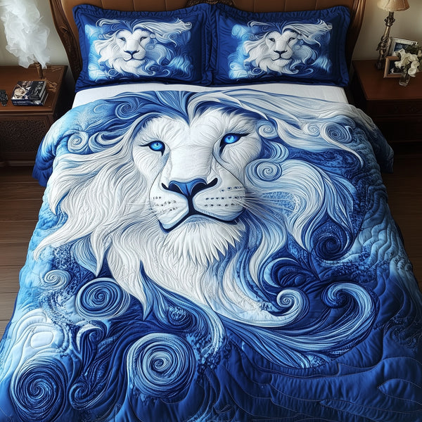 Blue Swirl Lion King quilted 3-piece bedding set on a made bed with two matching pillow shams
