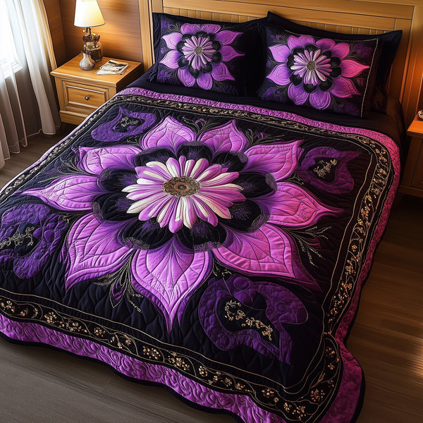 Dark Purple Flower quilted 3-piece bedding set on a made bed with two matching pillow shams