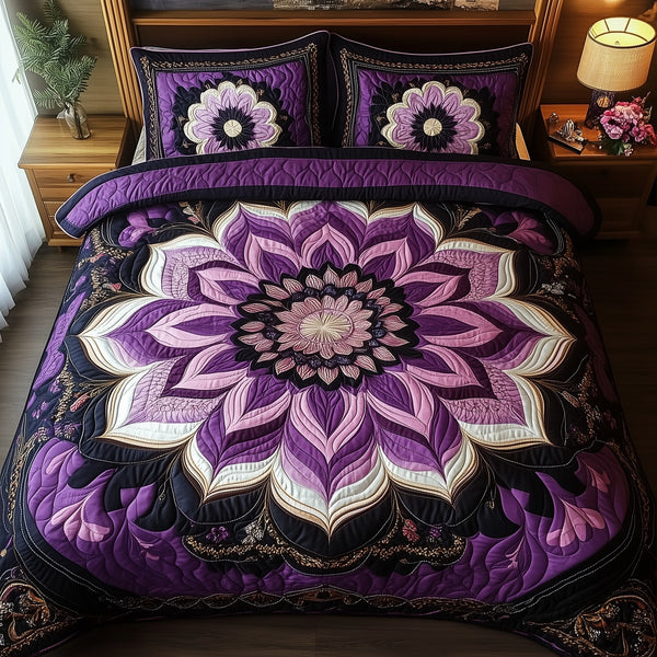 Dark Purple Flower 3-Piece Quilted Bedding Set - Design 6 — quilt and two matching pillow shams