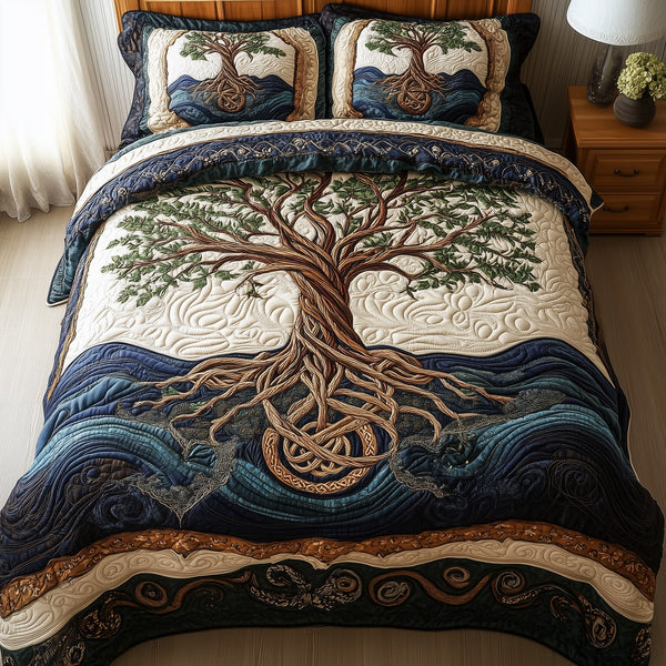 Eternal Tree Of Life 3-Piece Quilted Bedding Set - Design 14 — quilt and two matching pillow shams